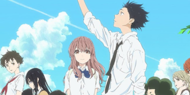 Filme Koe no Katachi animado pelo estúdio Kyoto Animation, na imagem, todos os personagens da obra, na frente Nishimiya e Ishida, os personagens principais