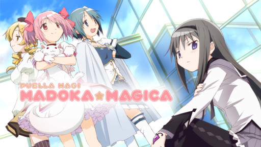 As principais personagens do anime de Madoka Magica estão juntas nessa imagem, todas são garotas mágicas