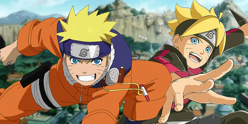 Naruto e Boruto, seu filho, posam juntos como se estivessem prontos para lutar