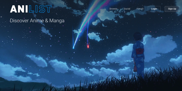 Página inicial do site Anilist onde no fundo aparece uma cena do anime Kimi no na Wa