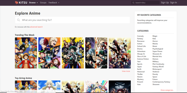 Página inicial do Kitsu, com os animes mais vistos, como One Piece, Boku no Hero Academia e Black Clover