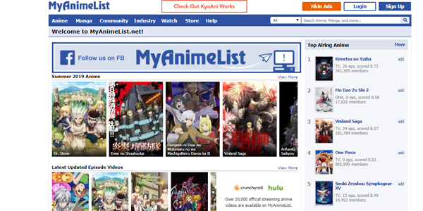 Página inicial do site MyAnimeList onde mostra os animes que estão passando atualmente (temporada de primavera), como Dr. Stone, Fire Force, Dungeon e Vinland Saga. Ao lado direito, os top animes que estão sendo lançados.