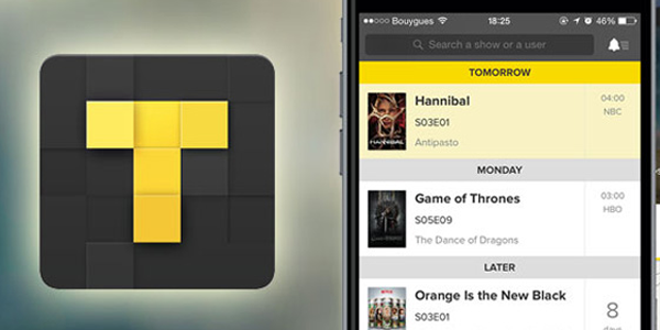 Aplicativo TVShowTime, do lado esquerdo, o logo do aplicativo, do lado direito, mostra séries como Hannibal e Game of Thrones