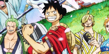 Um dos posters do arco de Wano no anime. Na imagem, estão os tripulantes do bando do Luffy com roupas que remete a era dos samurais.