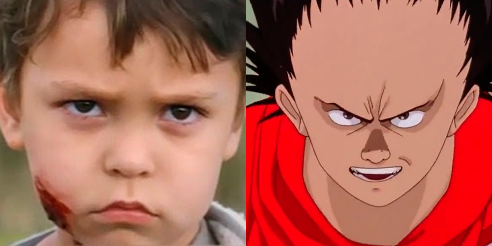 De um lado o personagem Cid do filme Looper e do outro Tetsuo, da animação Akira