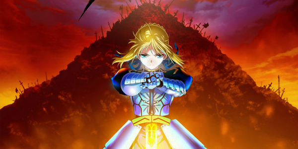 Poster do anime Fate/Zero,  de dois cours,da Ufotable. Na imagem, a personagem Saber segurando sua espada, Excalibur