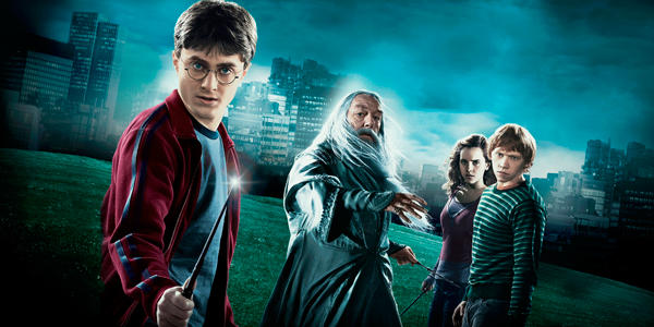 Harry, Dumbledore, Hermione e Rony. Personagens da saga Harry Potter