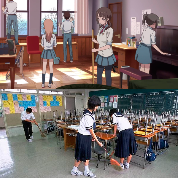 Imagem ilustrando alunos limpando as salas de aula tanto nos animes quanto na vida real