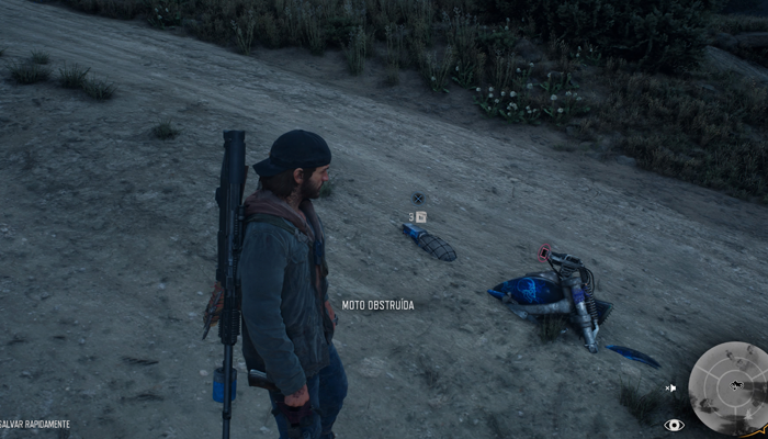 Cena do jogo Days Gone com um bug de uma moto enterrada no chão