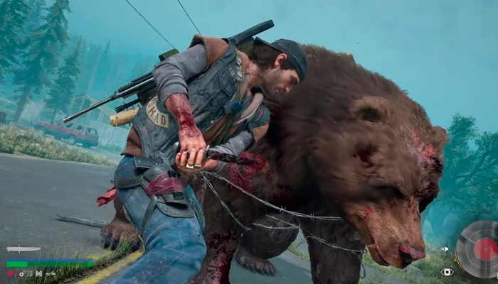 Cena do jogo Days Gone de Deacon lutando contra um rábido