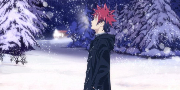 Imagem promocional do anime Shokugeki no Souma: Shin no Sara, na imagem Souma na neve