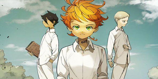 Imagem do mangá Yakusoku no Neverland, na imagem, no centro, Emma, do lado esquerdo Ray e na direita, Norman