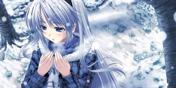 Tomoyo na neve, usando uma roupa de frio do jogo Tomoyo: It's a Wonderful Life