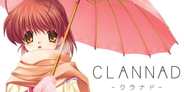 Poster do jogo de Clannad, na imagem, Nagisa, a heroína principal segurando um guarda-chuva rosa