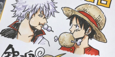 Desenho de Oda para homenagear Gintama, na imagem, Gintoki e Luffy se encarando e comendo