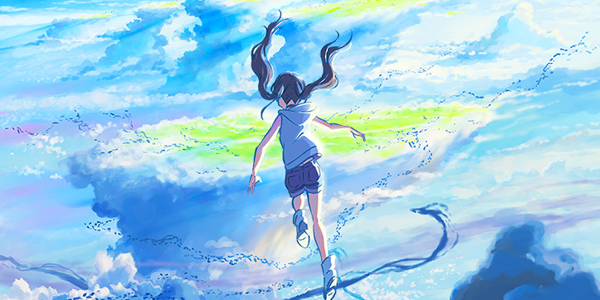 Um dos posters do filme Tenki no Ko de Makoto Shinkai. Na imagem, a protagonista voando sob o céu