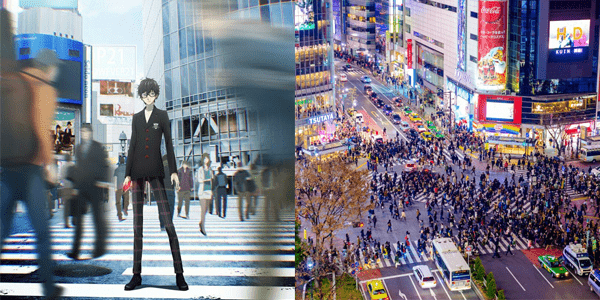 Cruzamento central em shibuya comparando o anime persona 5