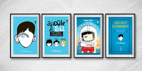 Outros livros da autora R.J. Palacio, um do lado do outro, somando quatro no total, na seguinte ordem: Extraordinário, Auggie & Eu, Somos Todos Extraordinários e 365 dias Extraordinários.